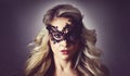 Portrait of young woman in vintage mask. Attractive blond girl with beautiful hairstyle. Royalty Free Stock Photo