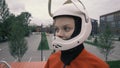 Portrait young woman wearing a protective helmet. Girl in protective helmet