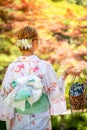 Portrait of a young woman wearing Japanese yukata summer kimono. Kyoto, Japan.