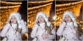 Portrait of young woman with white fur cap talking on mobile outdoor in cold winter evening. Beautiful blonde girl in winter