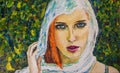 Portrait of a young woman in a white headscarf. Her eyes ... Original oil painting on canvas . Fine art. Beautiful . Brushstrokes Royalty Free Stock Photo