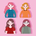 Portrait young women cartoon characters on pink background Royalty Free Stock Photo