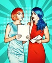 Portrait of young women in comic pop art make-up style. Females are reading letter
