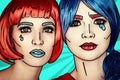 Portrait of young women in comic pop art make-up style. Females in red and blue wigs on blue background