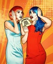 Portrait of young women in comic pop art make-up style. Females in red and blue wigs call on the phone