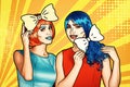 Females in red and blue wigs. Girls with yellow bow-tie in hands Royalty Free Stock Photo