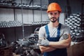 Portrait of a young worker in a hard hat at a large metalworking plant. Shiftman on the warehouse of finished products Royalty Free Stock Photo