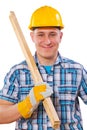 Portrait of young worker holding wooden planks on shoulder isol Royalty Free Stock Photo