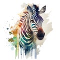 Portrait of a zebra made in watercolor technique on a white background. African herbivore with watercolor splashes. Royalty Free Stock Photo