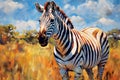 Portrait of a zebra in the savanna. Oil painting in the style of impressionism Royalty Free Stock Photo