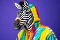 Portrait of a zebra wearing a raincoat and an umbrella in studio, colorful background. Autumn concept. Generative AI