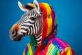 Portrait of a zebra wearing a raincoat and an umbrella in studio, colorful background. Autumn concept. Generative AI