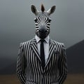 Portrait of a zebra wearing a striped suit, AI-generated.