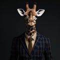 Portrait of a ziraffe wearing outfit.