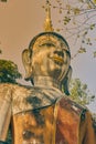 Portrait Zoom View Front Right Meditation Buddha Statue in Forest in Vintage Tone