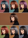 Portraits of a beautiful girl in multi-colored short hairstyles