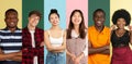 Portraits of group of people on multicolored background, collage. Charming, happy smiles.