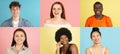 Portraits of group of people on multicolored background, collage. Royalty Free Stock Photo