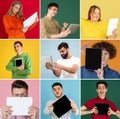 Portraits of group of people on multicolored background, collage. Royalty Free Stock Photo