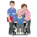 Portraits of happy elderly man in wheelchair and his nurses