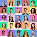 Portraits of happy multiracial millennial people posing on colorful backgrounds