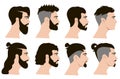 Portraits of hipster man set. Men hair style. Side bearded face. Barber shop. Design elements male heads in cartoon