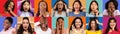 Portraits Of Multiethnic Females With Different Face Expressions Posing Over Colorful Backgrounds Royalty Free Stock Photo