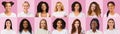 Portraits of multiethnic women over pink, collage