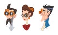 Portraits of people wearing steampunk glasses and monocle cartoon vector illustration