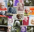 Albert Einstein on several different postage stamps
