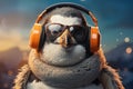 Portraits side view Fashionable penguin Humanized, Sunglasses ,Ear Headphones. Generative AI