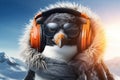 Portraits side view Fashionable penguin Humanized, Sunglasses ,Ear Headphones. Generative AI