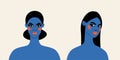 Portraits of two beautiful girls. Avatars of women in blue