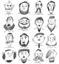 Portraits of various men with beard and mustache. Hand drawn doodle. Funny cartoon characters. Royalty Free Stock Photo