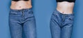 Portraits of woman before and after from fat to slim concept standing blue background