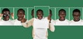 Portraits of young Africa man showing pictures with different emotions, facial expression isolated on green background.
