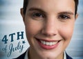 Portraiture of woman with blue fourth of July graphic against blurry blue wood panel