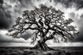 The fragility of resilience through an image of a lone oak tree standing resilient in the face of a storm, its weathered