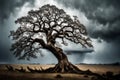 The fragility of resilience through an image of a lone oak tree standing resilient in the face of a storm, its weathered