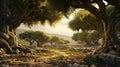 Portray a grove of ancient, twisted olive trees