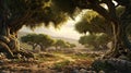 Portray a grove of ancient, twisted olive trees Royalty Free Stock Photo