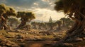 Portray a grove of ancient, twisted olive trees