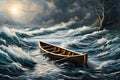 The internal struggle between doubt and determination using a visual metaphor of a lone rowboat navigating turbulent