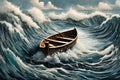 The internal struggle between doubt and determination using a visual metaphor of a lone rowboat navigating turbulent