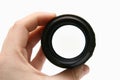 Portray russian old lens in hand Royalty Free Stock Photo