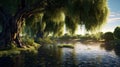 serene pond surrounded by weeping willows