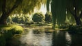 serene pond surrounded by weeping willows