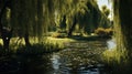 serene pond surrounded by weeping willows