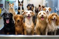 Portraying dogs of different breeds being playfully washed and dried in a daycare spa setting, emphasizing cleanliness and