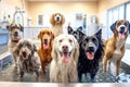 Portraying dogs of different breeds being playfully washed and dried in a daycare spa setting, emphasizing cleanliness and